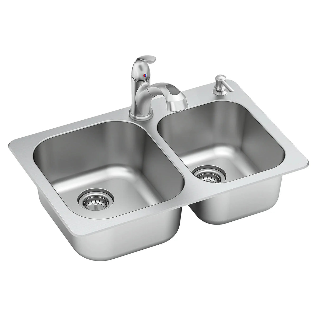American Standard Sullivan 33-in x 22-in Stainless Steel Double Offset Bowl Drop-In 2-Hole Kitchen Sink All-in-One Kit with Faucet & Soap Dispenser