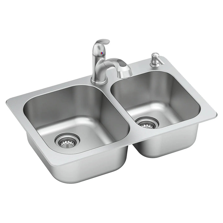 American Standard Sullivan 33-in x 22-in Stainless Steel Double Offset Bowl Drop-In 2-Hole Residential Kitchen Sink All-in-One Kit