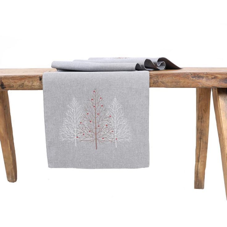 15 in. x 70 in. Festive Trees Embroidered Christmas Table Runner, White