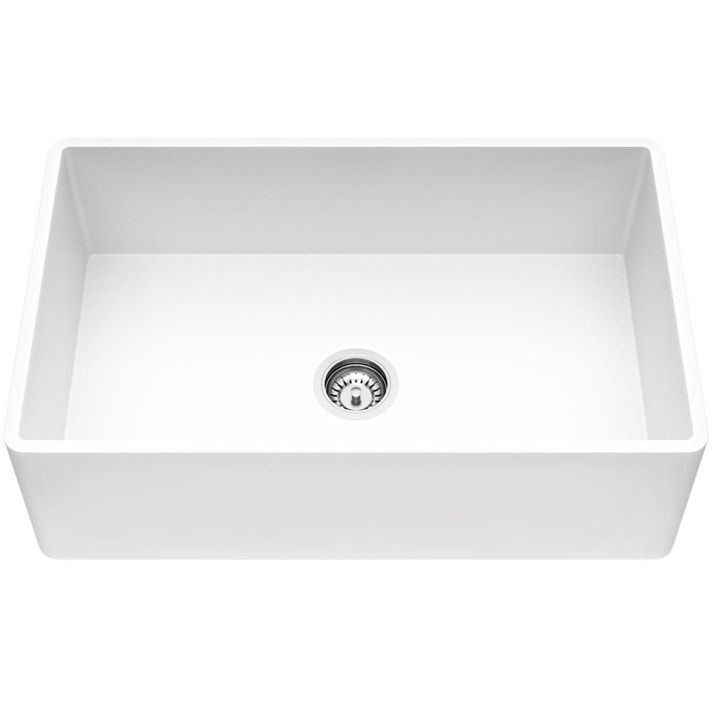 Matte Stone White Composite 33 in. Single Bowl Reversible Flat Farmhouse Apron-Front Kitchen Sink with Strainer - Super Arbor