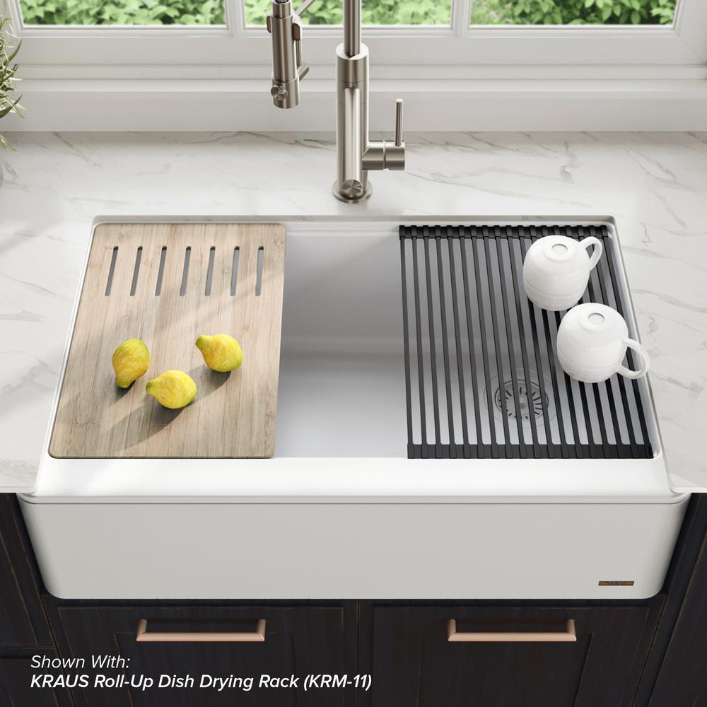 Bellucci 33in. CeramTek Granite/Quartz Composite Farmhouse ApronFront Single Bowl Kitchen Sink w/ Cutting Board in White - Super Arbor