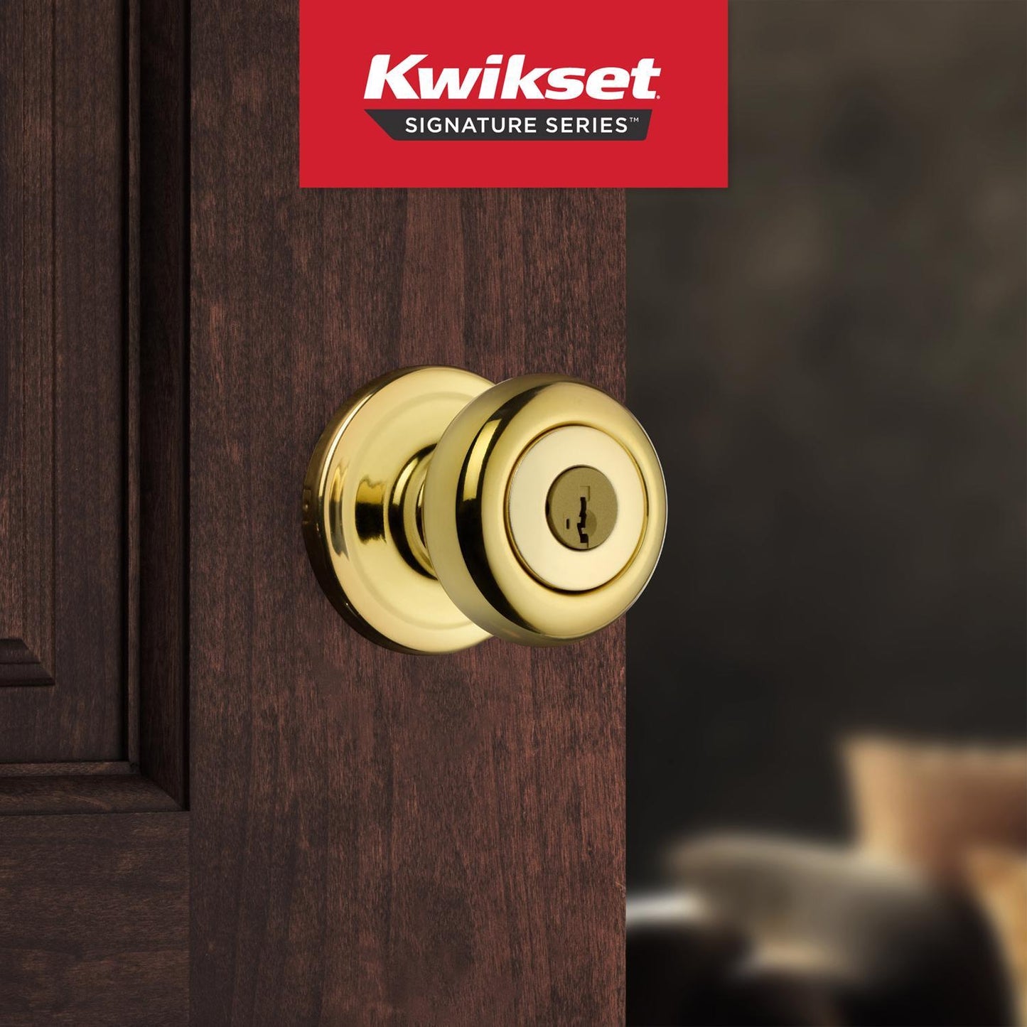 Kwikset SmartKey Juno Polished Brass Entry Lockset, ANSI/BHMA Grade 2, KW1, 1-3/4 in.