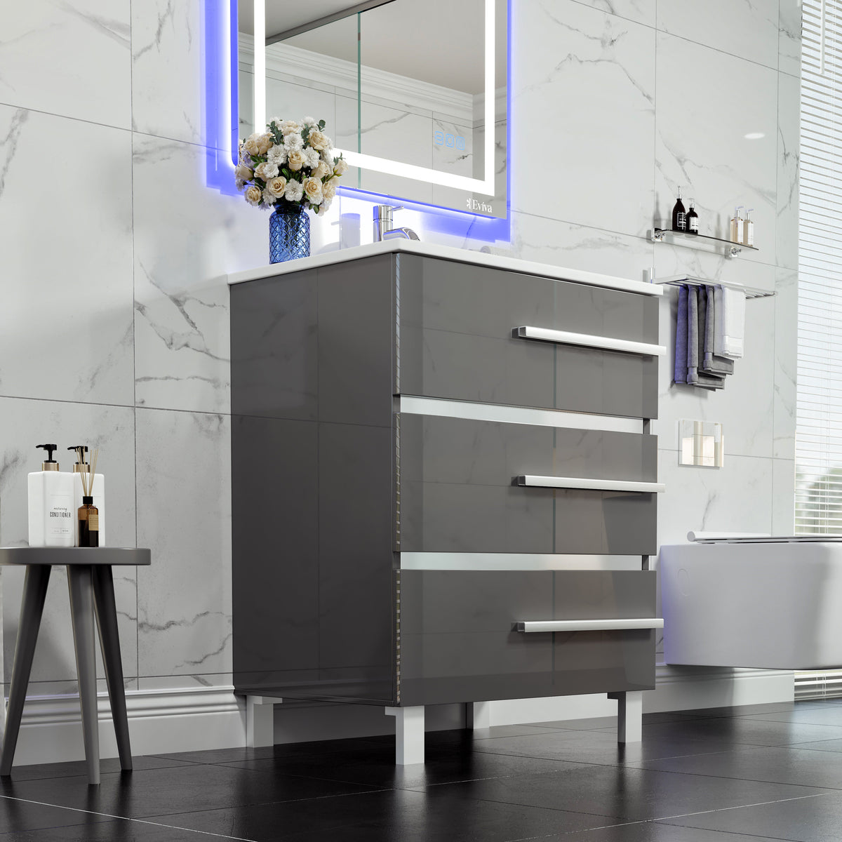 Eviva Deluxe 32 in. W x 18 in. D x 34 in. H Single Freestanding Bath Vanity in Gray with White Porcelain Integrated Sink Top