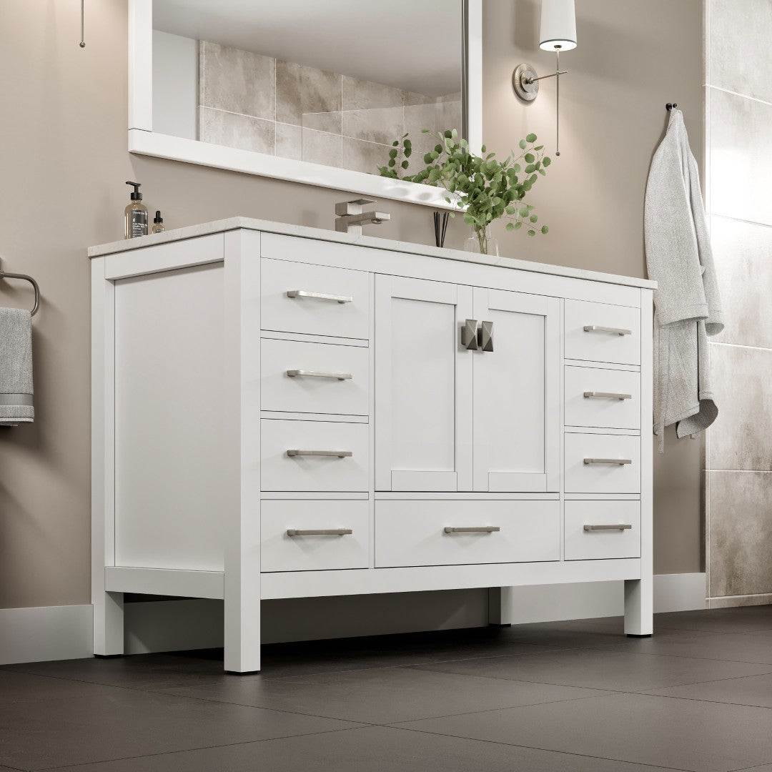 Eviva London 54"W x 18"D White Bathroom Vanity with White Carrara Quartz Countertop and Undermount Porcelain Sink