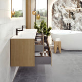 Eviva Lotus 59"W x 19"D Natural Oak Wall Mount Double Sink Bathroom Vanity with White Solid Surface Countertop and Integrated Sinks