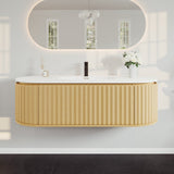 Eviva Haven 55"W x 22"D Natural Oak Wall Mount Bathroom Vanity with White Solid Surface Countertop and Integrated Sink