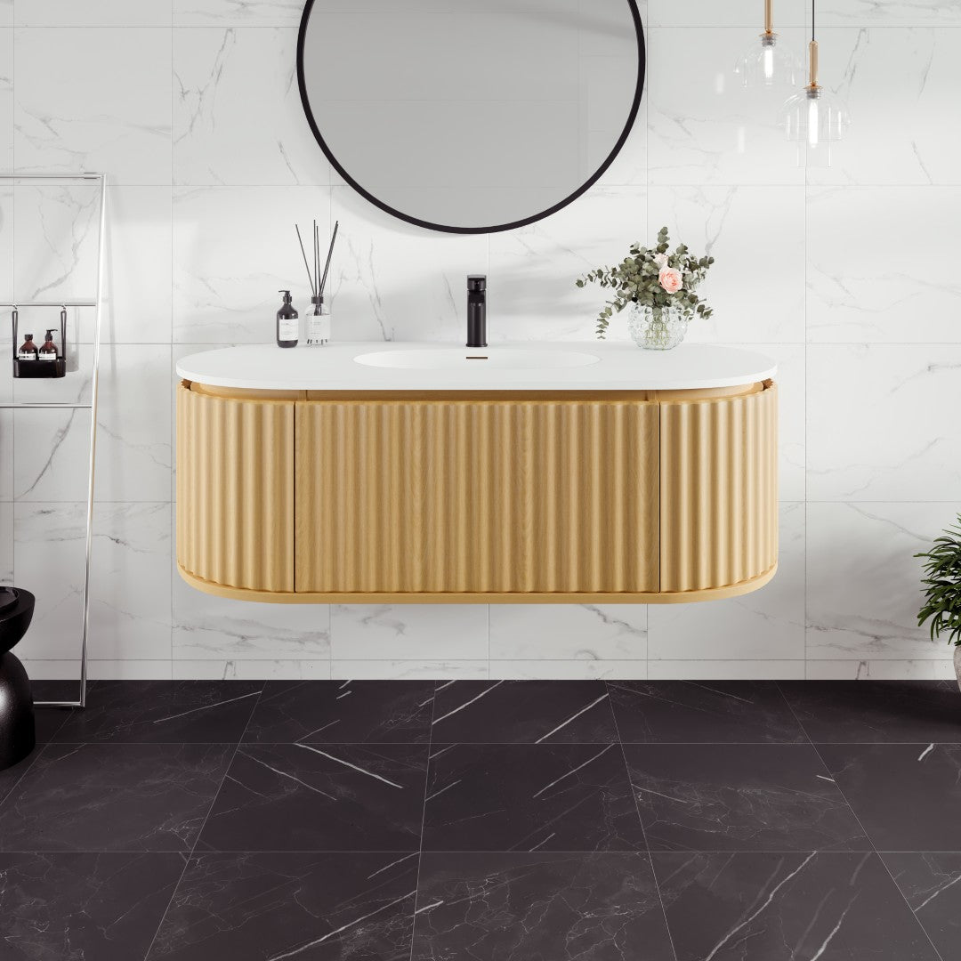 Eviva Haven 48"W x 22"D Natural Oak Wall Mount Bathroom Vanity with White Solid Surface Countertop and Integrated Sink