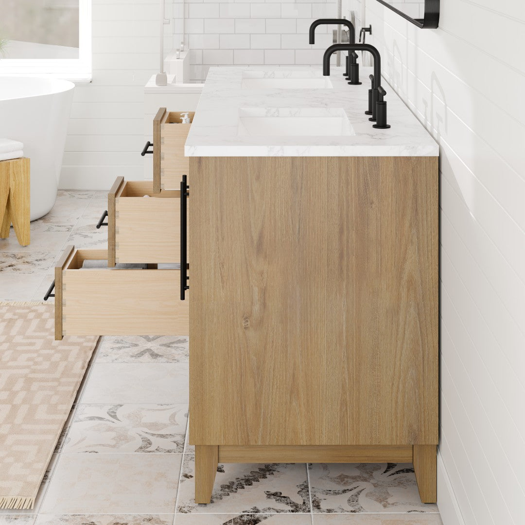 Eviva Graham 60"W x 22"D Oak Double Sink Bathroom Vanity with White Arabescato Engineered Stone Countertop and Undermount Ceramic Sinks