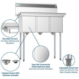 Freestanding Stainless Steel 36 in. 2-Hole Triple Bowl Commercial Kitchen Sink