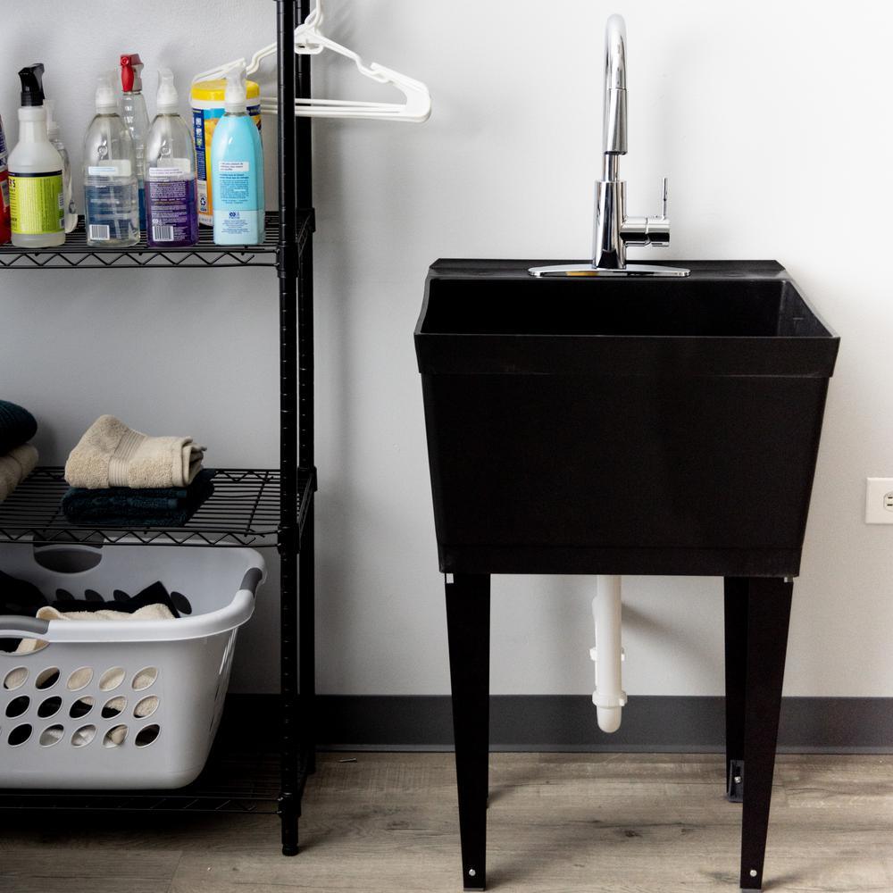 Complete 22.875 in. x 23.5 in. Black 19 Gal. Utility Sink Set with Metal Hybrid Chrome High Arc Pull-Down Faucet - Super Arbor