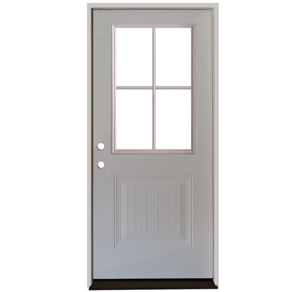 32 in. x 80 in. Premium Clear 4 Lite Plank Panel White Primed Steel Prehung Front Door - Super Arbor
