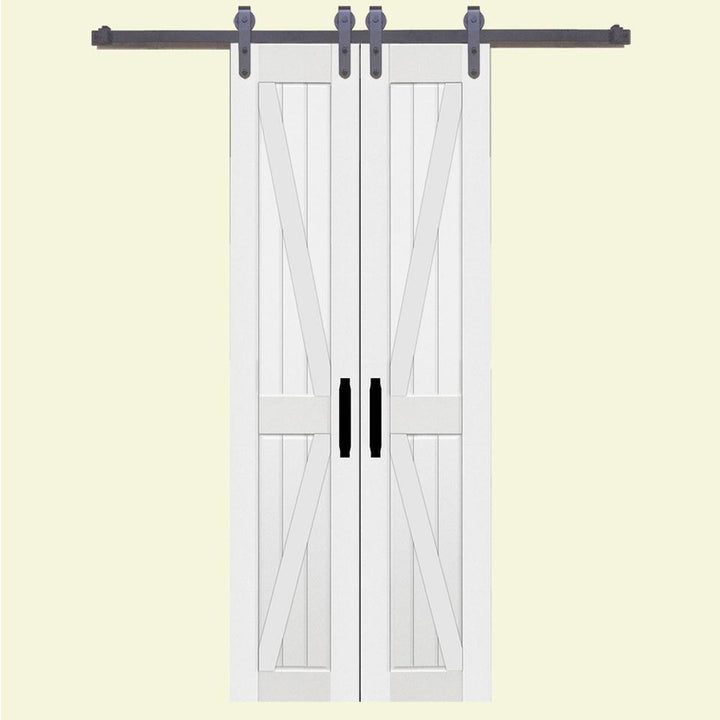 36 in. x 84 in. Board and Batten Composite PVC White Split Sliding Barn Door with Hardware Kit - Super Arbor