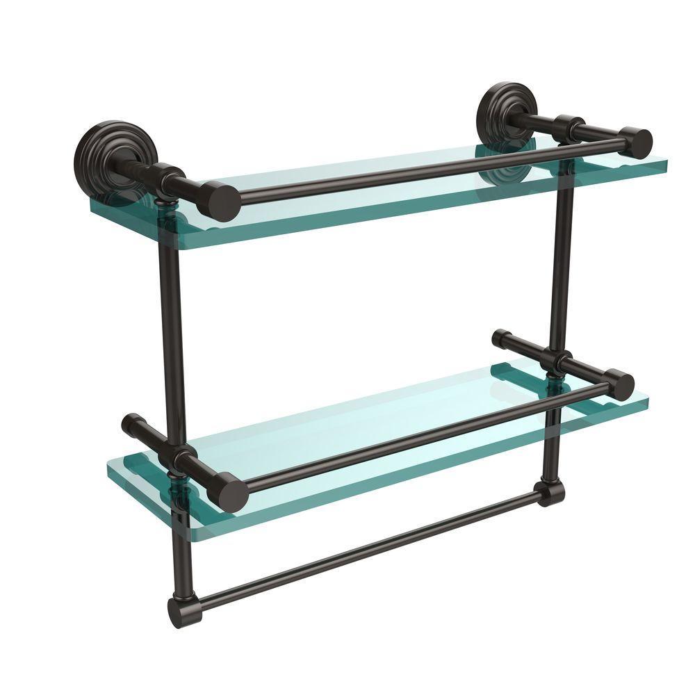 16 in. L  x 12 in. H  x 5 in. W 2-Tier Gallery Clear Glass Bathroom Shelf with Towel Bar in Satin Chrome - Super Arbor