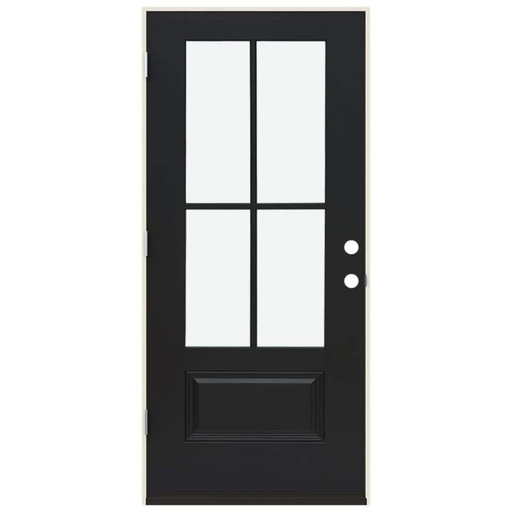JELD-WEN 36 in. x 80 in. Right-Hand 4 Lite Clear Glass Black Painted Fiberglass Prehung Front Door with Brickmould