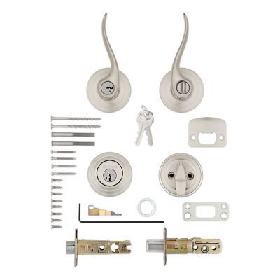 Kwikset Tustin Satin Nickel Smartkey Single-Cylinder Deadbolt Universal Keyed Entry Door Handle Combo Pack (1 Handle and 1 Deadbolt)
