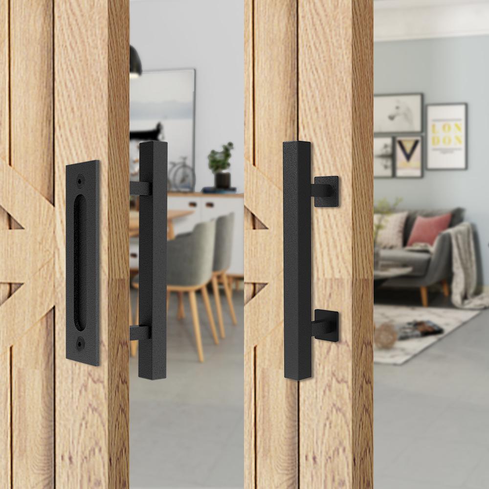 12 in. Black Square Pull and Flush Sliding Barn Door Handle Set - Super Arbor