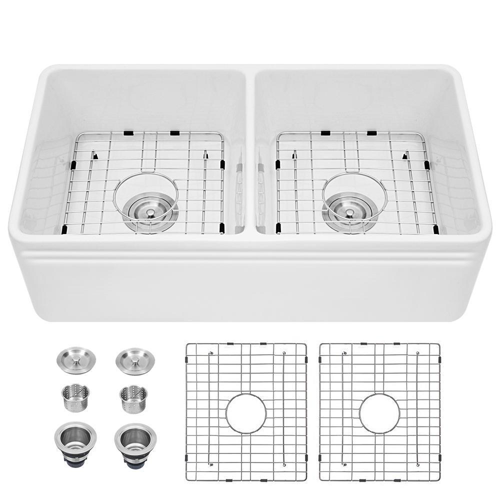 Fireclay 33 in. 50/50 Double Bowl Farmhouse/ Apron-Front Porcelain Ceramic Kitchen Sink in White - Super Arbor