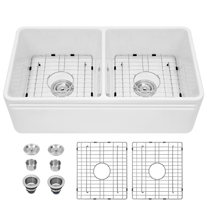 Fireclay 33 in. 50/50 Double Bowl Farmhouse/ Apron-Front Porcelain Ceramic Kitchen Sink in White - Super Arbor
