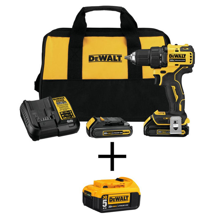 ATOMIC 20-V MAX Li-Ion Brushless Cordless Compact 1/2 in. Drill Driver w/ (2) Packs 1.3Ah, Charger, Bag & Bonus Pack 5Ah - Super Arbor