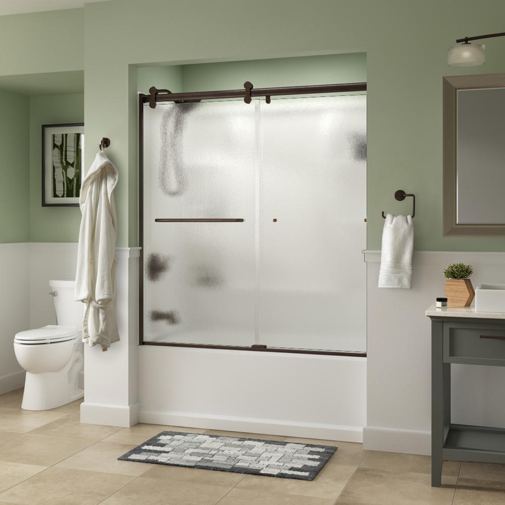 Simplicity 60 x 58-3/4 in. Frameless Contemporary Sliding Bathtub Door in Nickel with Rain Glass - Super Arbor
