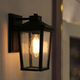 1-Light Black 11 in. H Square Patio LED Decorative Outdoor Metal Caged Wall Lantern Seeded Glass Sconce