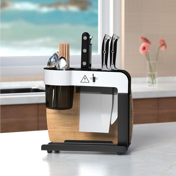 Black Stainless Steel Utensil and Cutlery Rack Kitchen Organizer Drip Tray Knife Storage Block with Cutting-board Holder