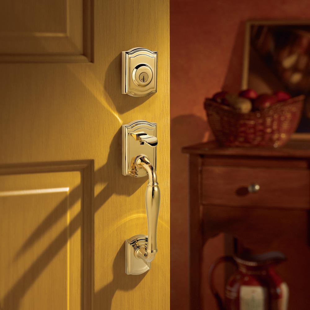 Prestige Wesley Single Cylinder Lifetime Polished Brass Door Handleset with Alcott Door Knob Featuring SmartKey Security - Super Arbor