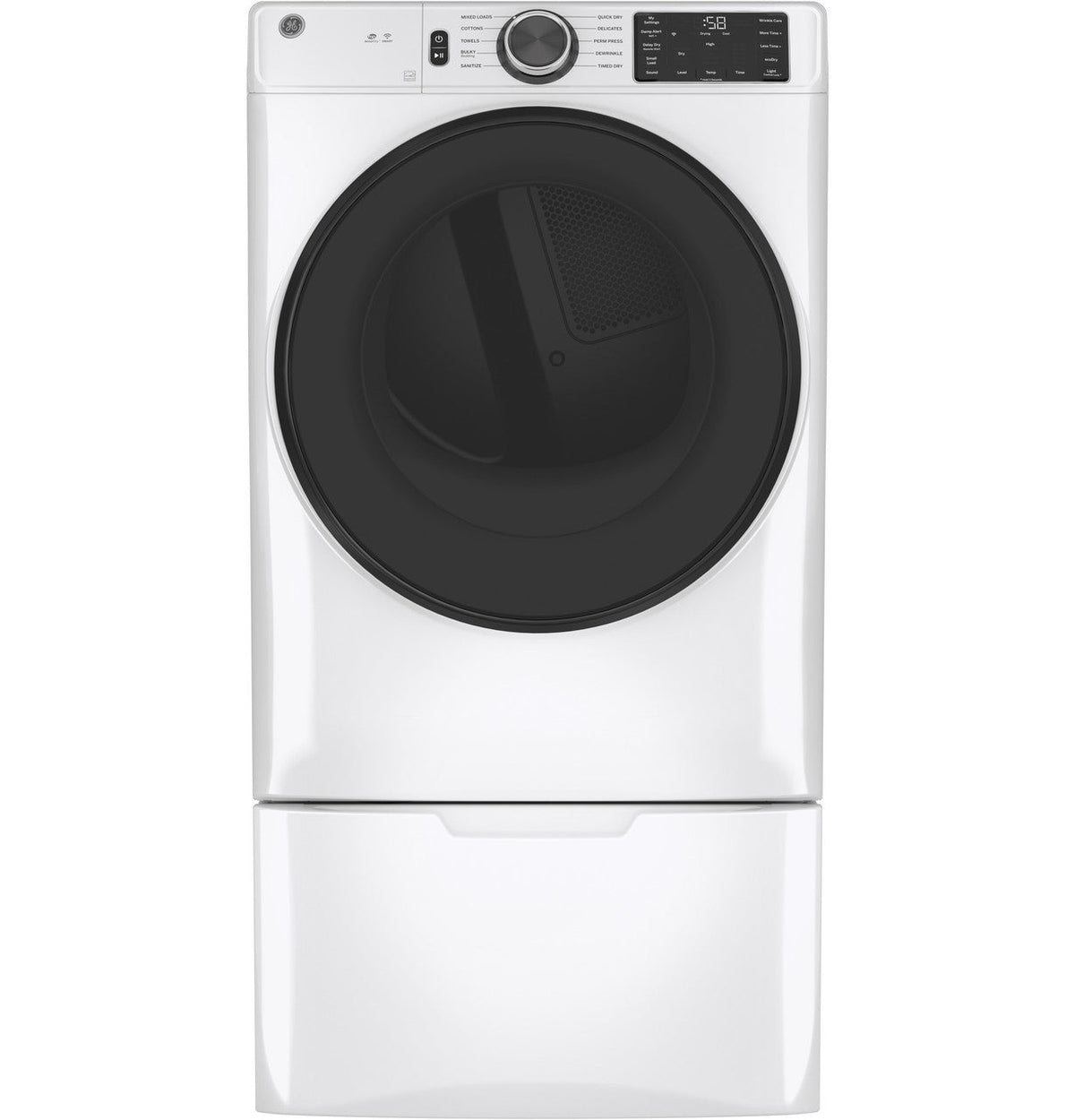GE 7.8 cu. ft. Smart 240-Volt White Stackable Electric Vented Dryer with Sanitize Cycle, ENERGY STAR