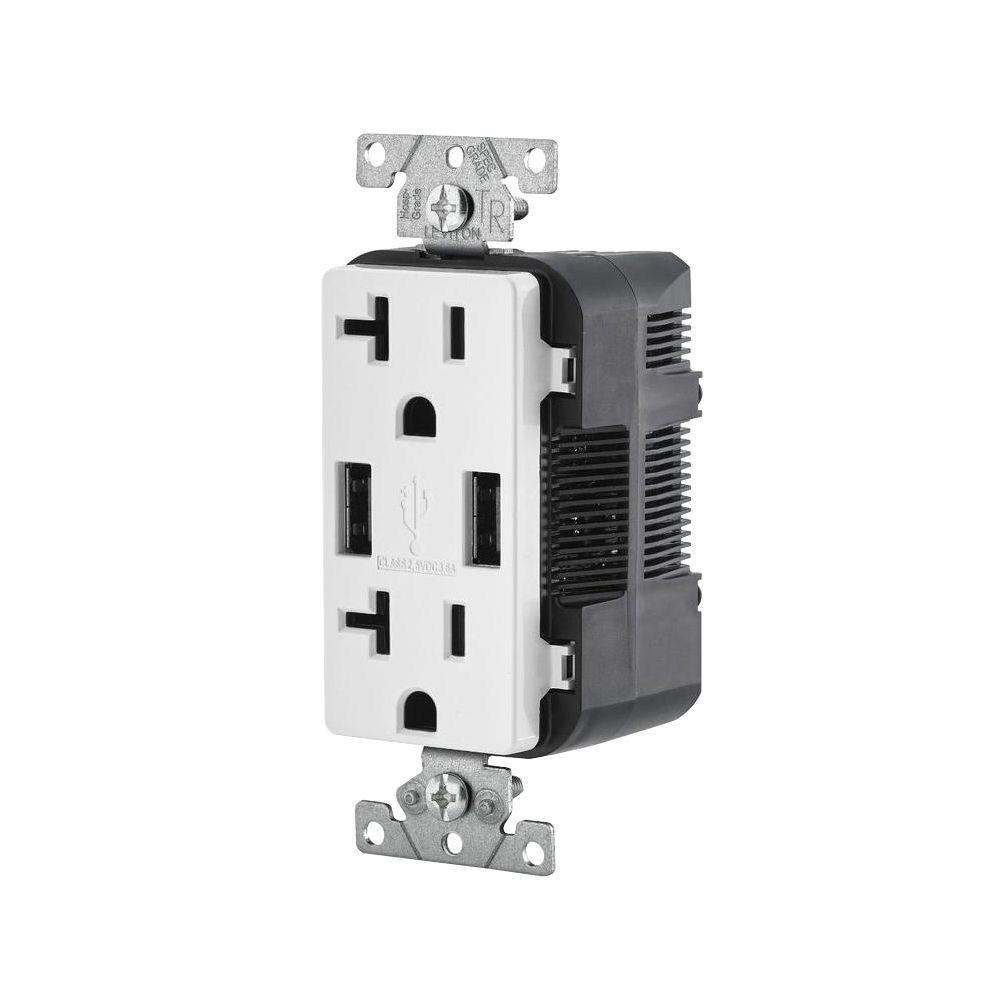 Decora 20 Amp 125-Volt Combination Duplex Outlet and USB Outlet, White - Super Arbor