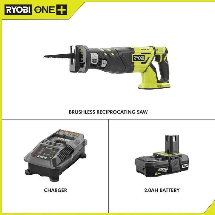 18-Volt ONE+ Cordless Brushless Reciprocating Saw with Wood Cutting Blade with 2.0 Ah Battery and Charger Kit