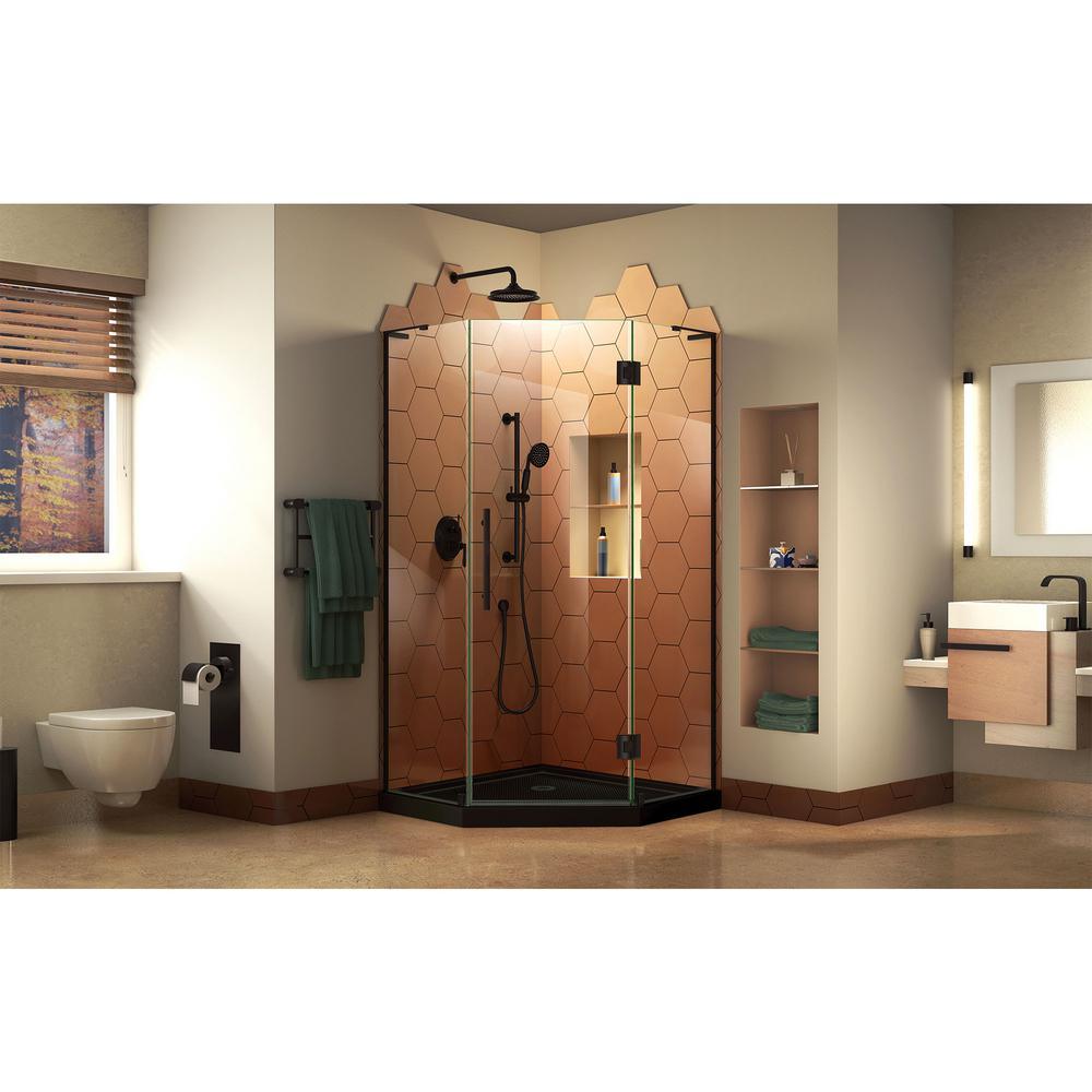 Prism Plus 36 in. x 36 in. x 74.75 in. Semi-Frameless Neo-Angle Hinged Shower Enclosure in Satin Black with Shower Base - Super Arbor