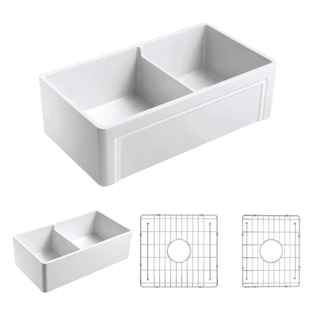 Olde London Farmhouse Fireclay 33 in. 55/45 Double Bowl Kitchen Sink with Grid with Grid and Strainer - Super Arbor