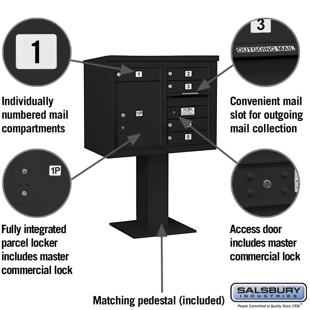 3400 Horizontal Series 5-Compartment 1-Parcel Locker Pedestal Mount Mailbox - Super Arbor