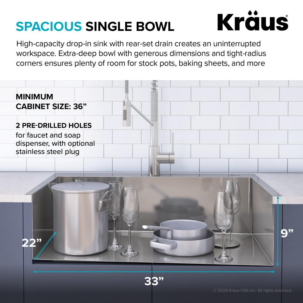 Loften All-in-One Dual Mount Stainless Steel 33in. Single Bowl Kitchen Sink with Pull Down Faucet in Spot Free Stainless