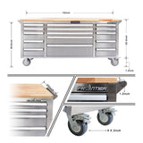 72 in. 15-Drawer Mobile Workbench Tool Chest Cabinet with Wooden Top in Stainless Steel - Super Arbor