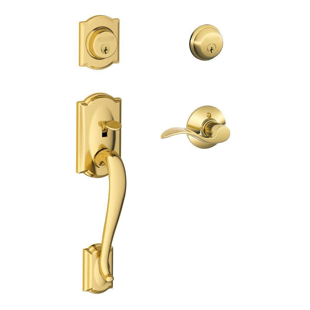 Camelot Bright Brass Double Cylinder Deadbolt with Right Handed Accent Lever Door Handleset - Super Arbor