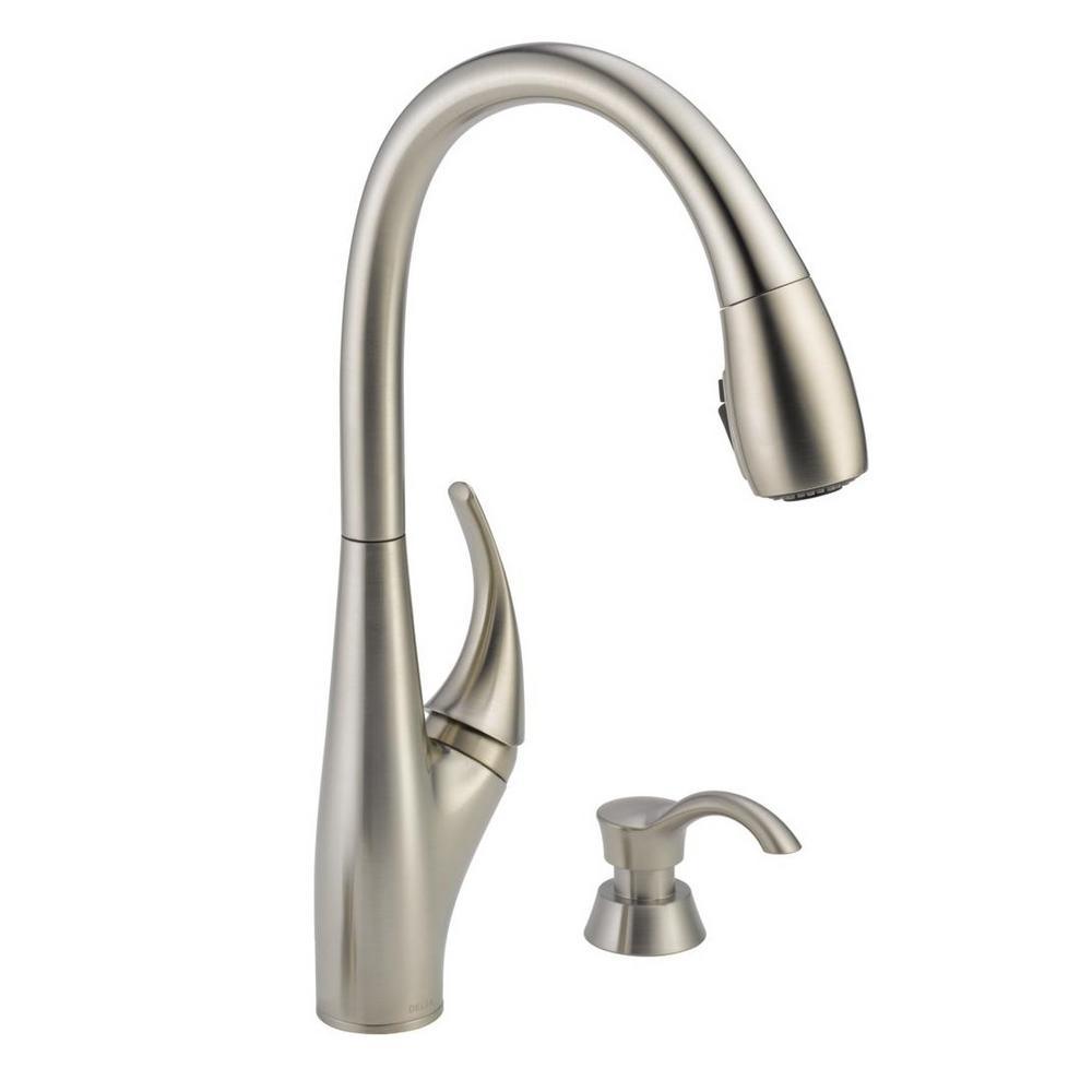 DeLuca Single-Handle Pull-Down Sprayer Kitchen Faucet with ShieldSpray Technology and Soap Dispenser in Stainless - Super Arbor