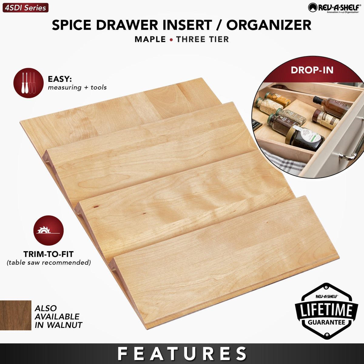 Rev-A-Shelf 4SDI Series 16-in W x 1.56-in H 3-Tier Maple Spice Drawer Insert, Trim-to-Fit