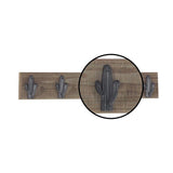 Brown Wood Wall Hook Rack with Black Iron Cactus Hooks