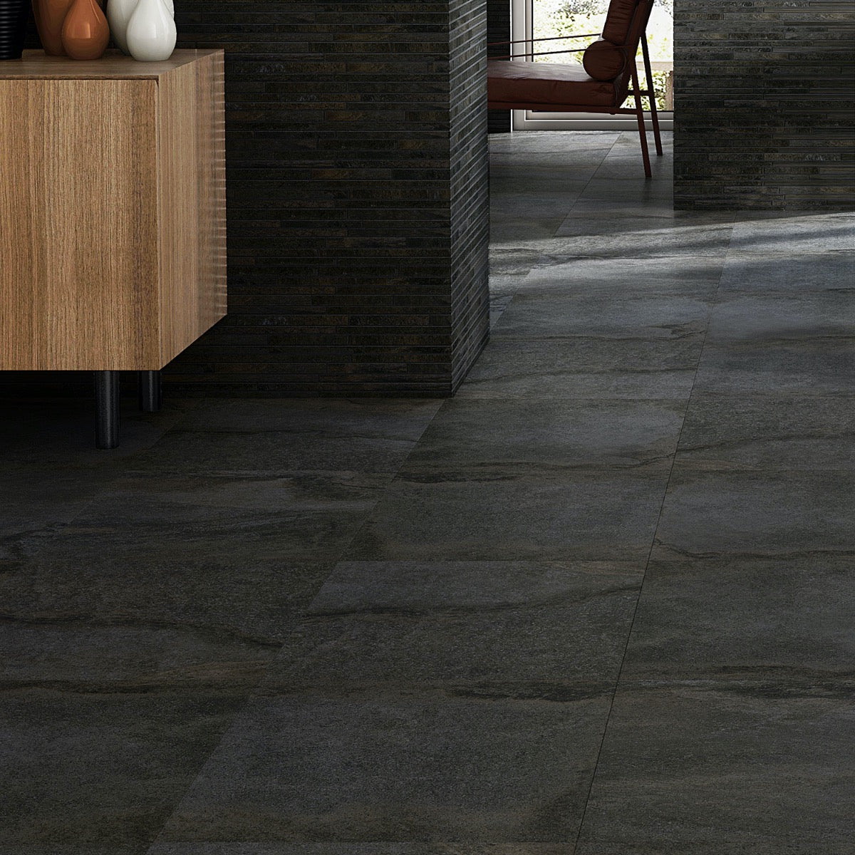 Acadia Charcoal Black 24x24 Matte Porcelain Tile - Limestone Look