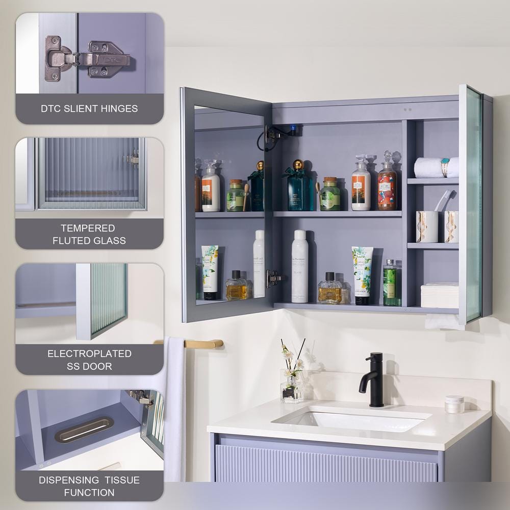 WELLFOR 30 in. W x 28 in. H Rectangular Dimmable Anti-Fog LED Wood Surface Mount Medicine Cabinet with Mirror in Lavender