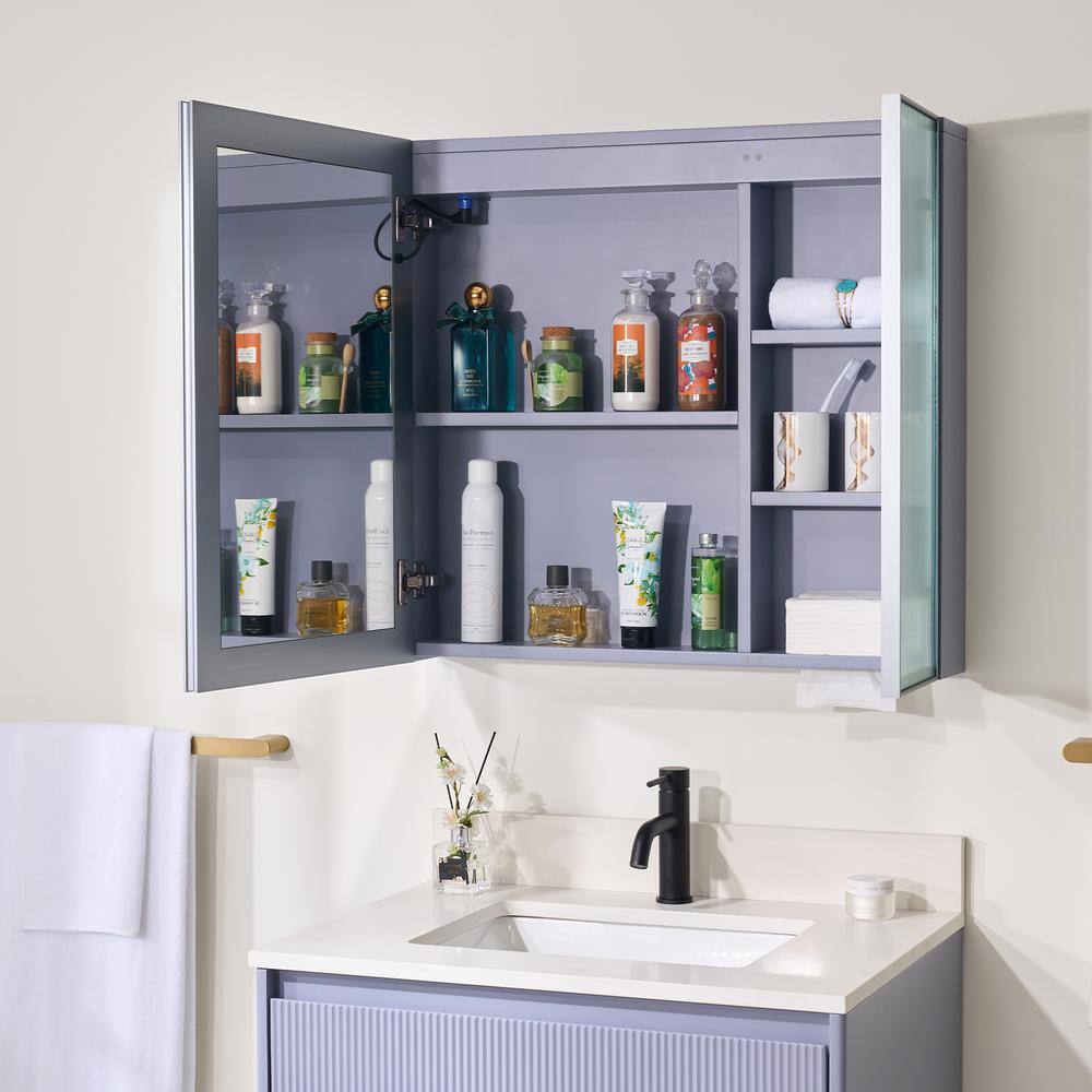 WELLFOR 30 in. W x 28 in. H Rectangular Dimmable Anti-Fog LED Wood Surface Mount Medicine Cabinet with Mirror in Lavender