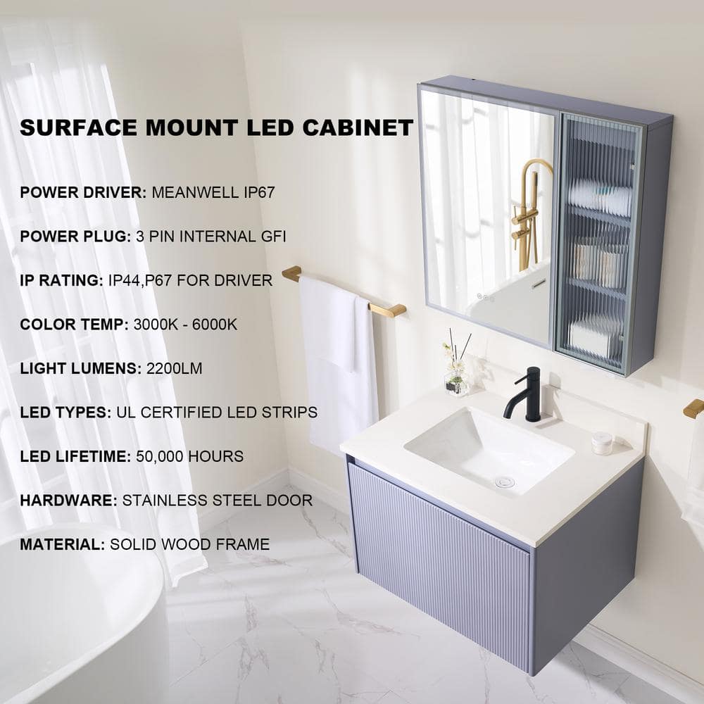 WELLFOR 30 in. W x 28 in. H Rectangular Dimmable Anti-Fog LED Wood Surface Mount Medicine Cabinet with Mirror in Lavender