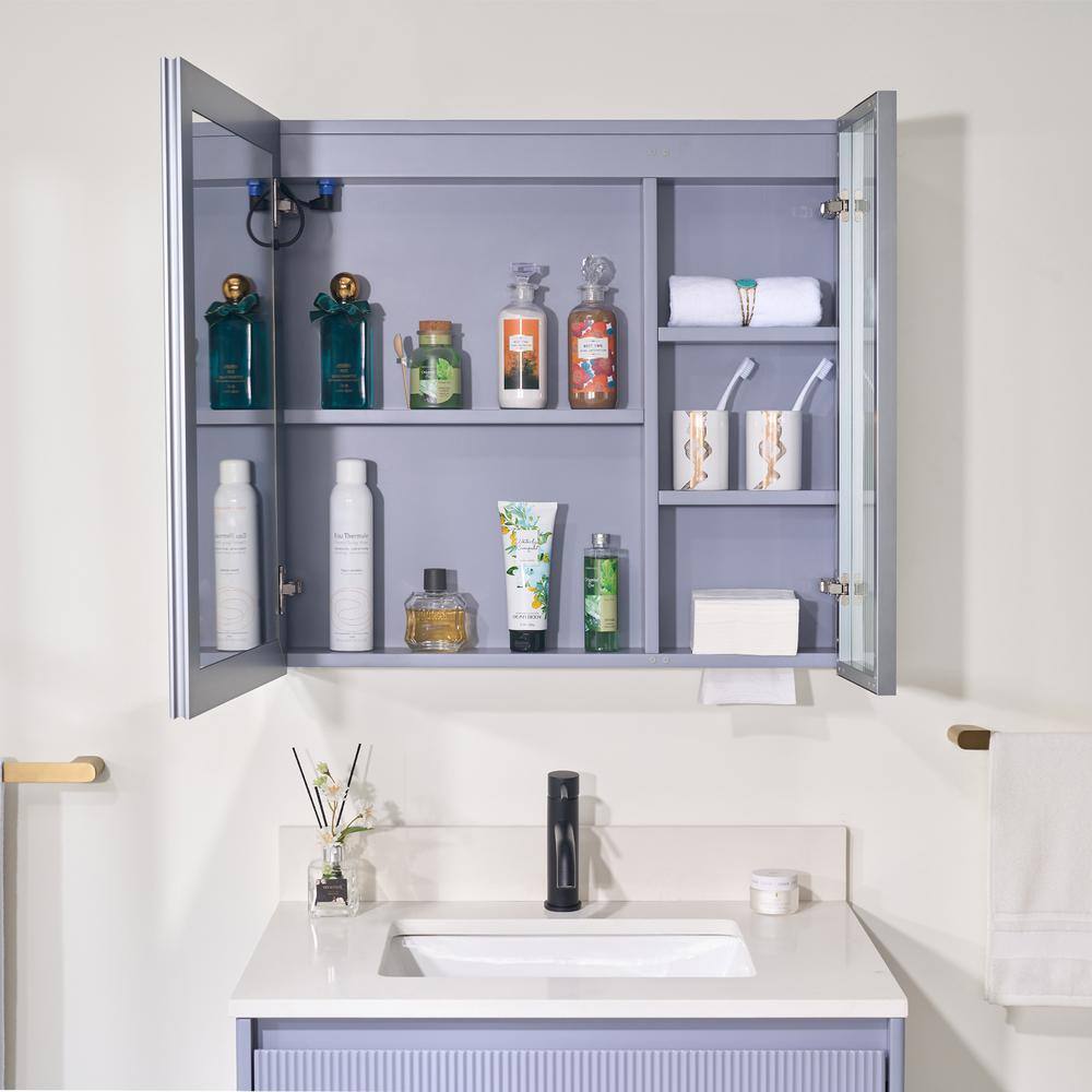 WELLFOR 30 in. W x 28 in. H Rectangular Dimmable Anti-Fog LED Wood Surface Mount Medicine Cabinet with Mirror in Lavender