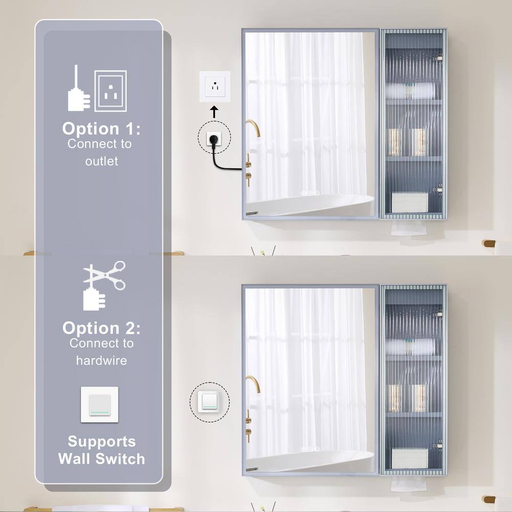 WELLFOR 30 in. W x 28 in. H Rectangular Dimmable Anti-Fog LED Wood Surface Mount Medicine Cabinet with Mirror in Lavender