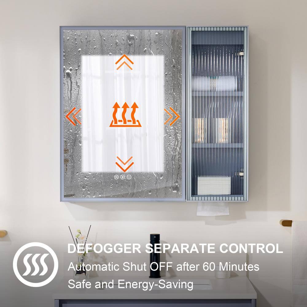 WELLFOR 30 in. W x 28 in. H Rectangular Dimmable Anti-Fog LED Wood Surface Mount Medicine Cabinet with Mirror in Lavender