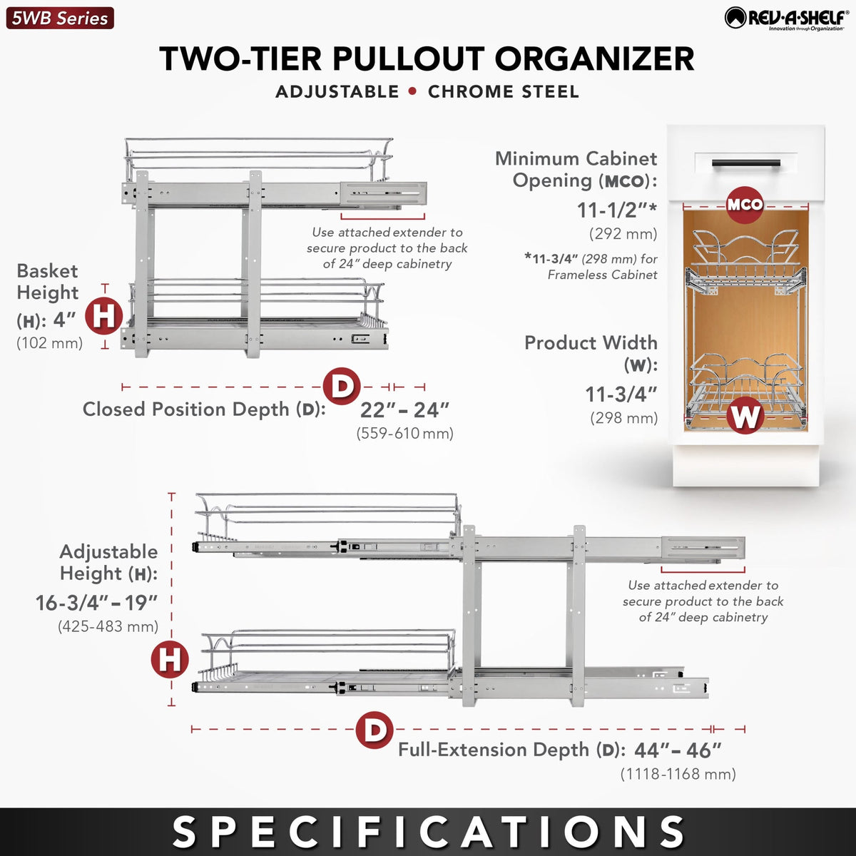 Rev-A-Shelf 17.5-in W x 6-in H 1-Tier Pull Out Metal Baskets & Organizers