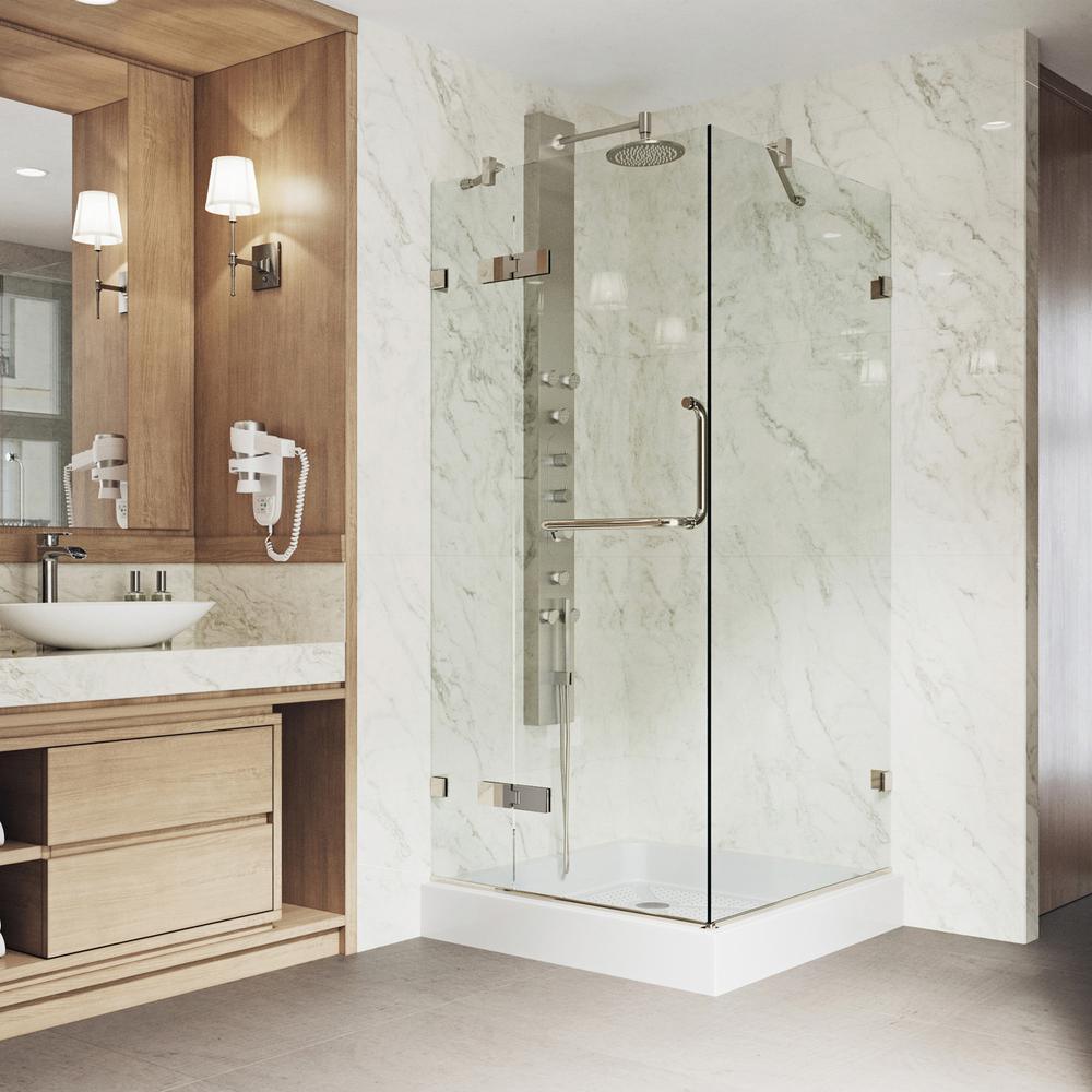 Monteray 36.125 x 79.25 in. Frameless Hinged Shower Door in Brushed Nickel with Clear Glass with Base - Super Arbor