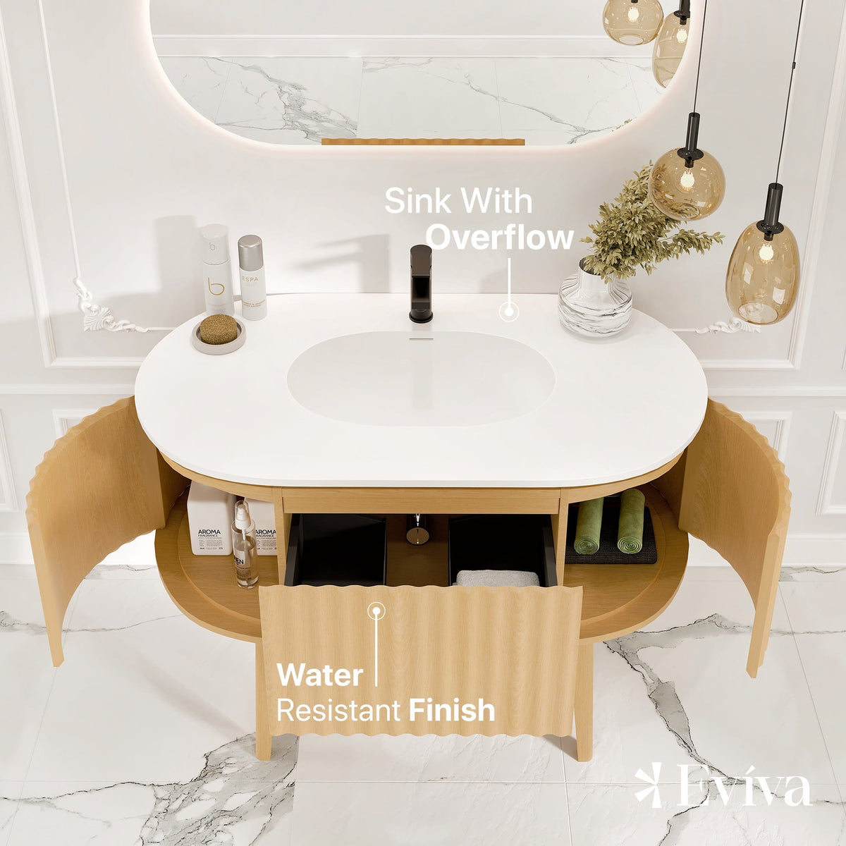 Eviva Haven 39"W x 22"D Natural Oak Bathroom Vanity with White Solid Surface Countertop and Integrated Sink