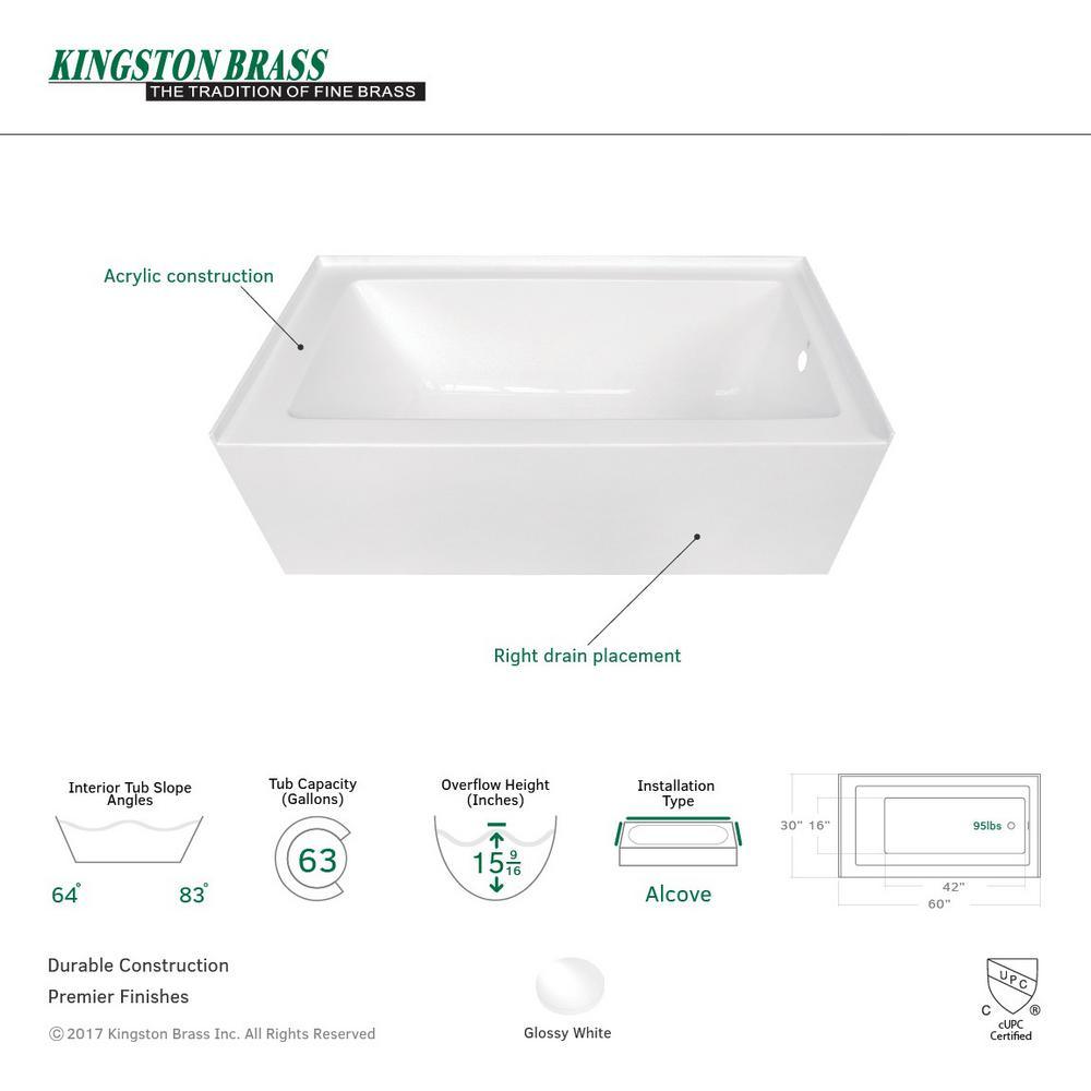 Contemporary 5 ft. Acrylic Right Hand Drain Rectangular Alcove Non-Whirlpool Bathtub in White - Super Arbor